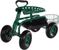 Green Garden Cart Rolling Scooter with Swivel Seat & Utility Tool Tray I819467