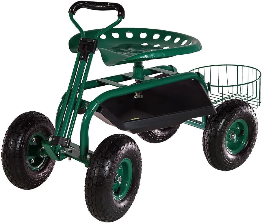 Green Garden Cart Rolling Scooter with Swivel Seat & Utility Tool Tray I819467