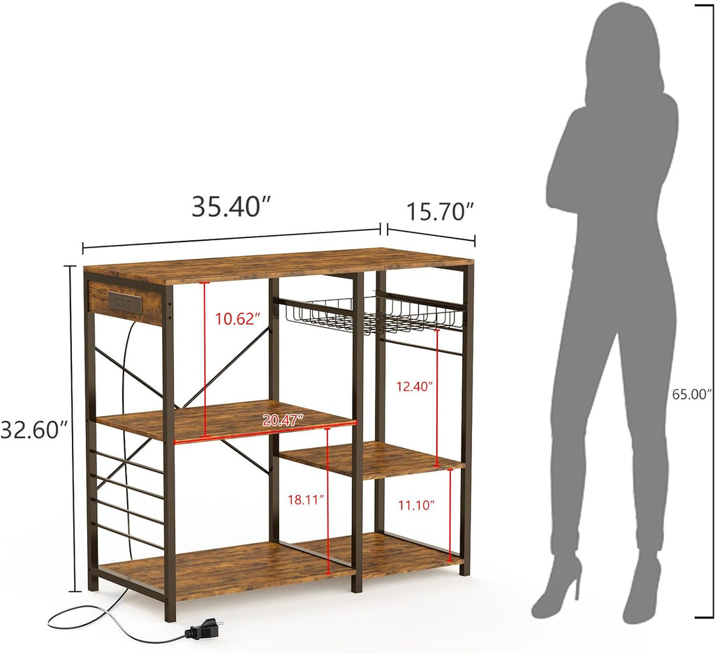 Rustic Brown Bakers Rack with Power Outlet, 5 Shelves Microwave Stand, Pull-Out Basket, 6 Hooks Q5263
