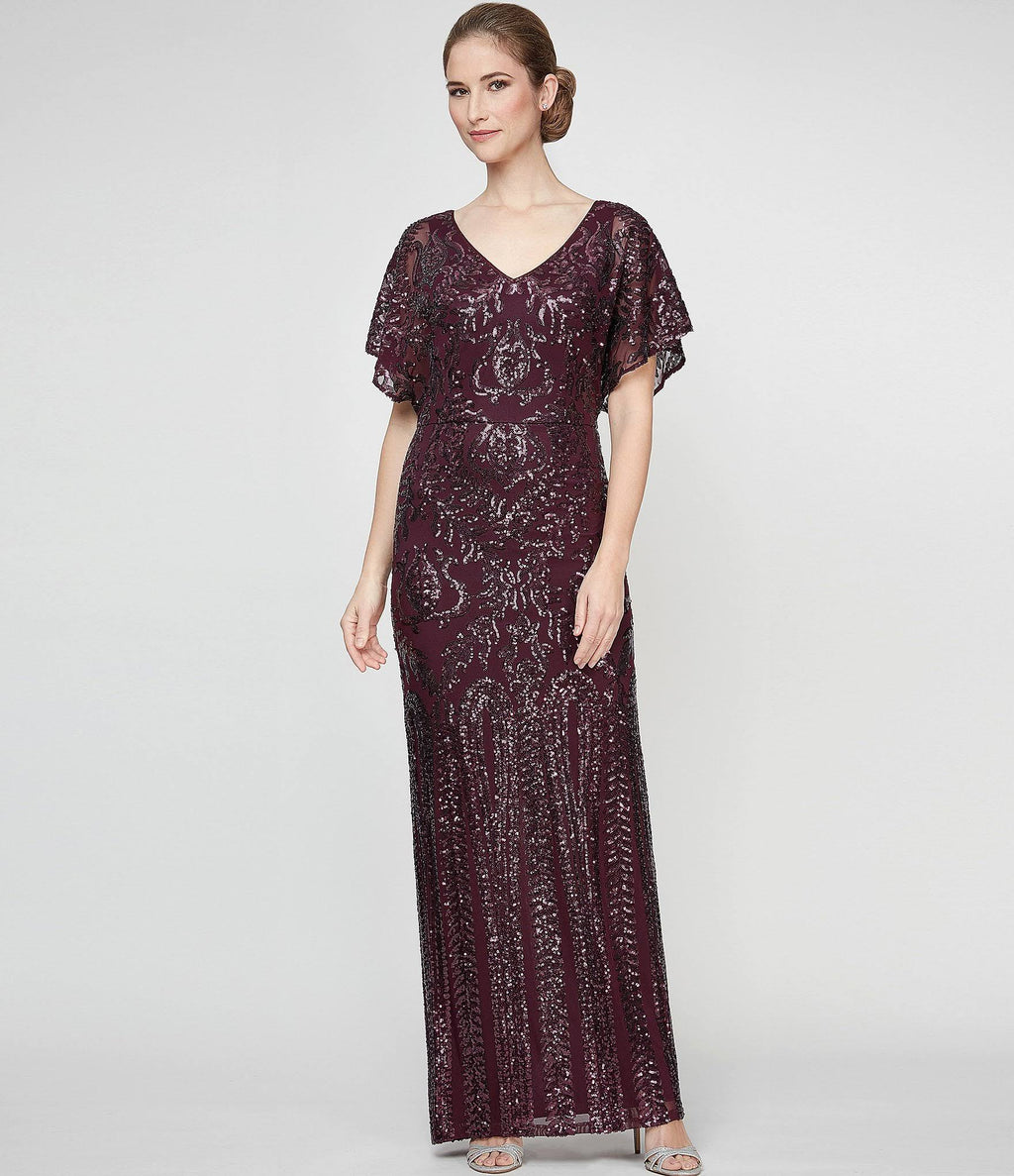 Sequin Flutter Sleeve Back Slit V-Neck Long Gown U827633