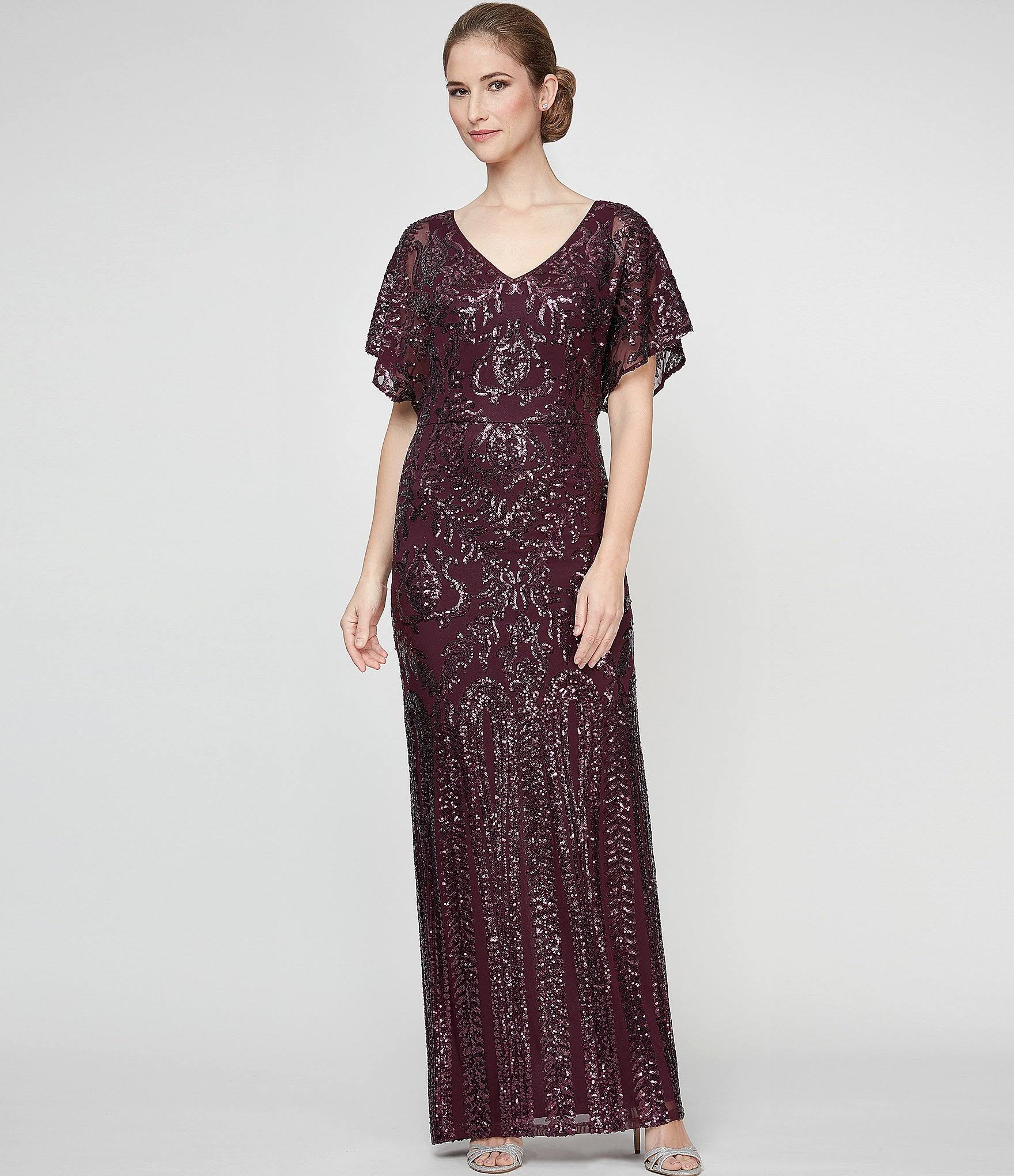 Sequin Flutter Sleeve Back Slit V-Neck Long Gown U827633