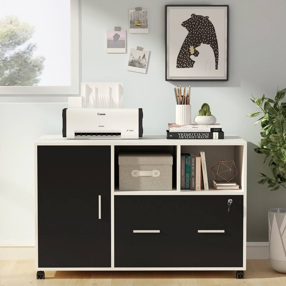 White/Black Mobile Lateral File Cabinet with Lock and Wheels P6681