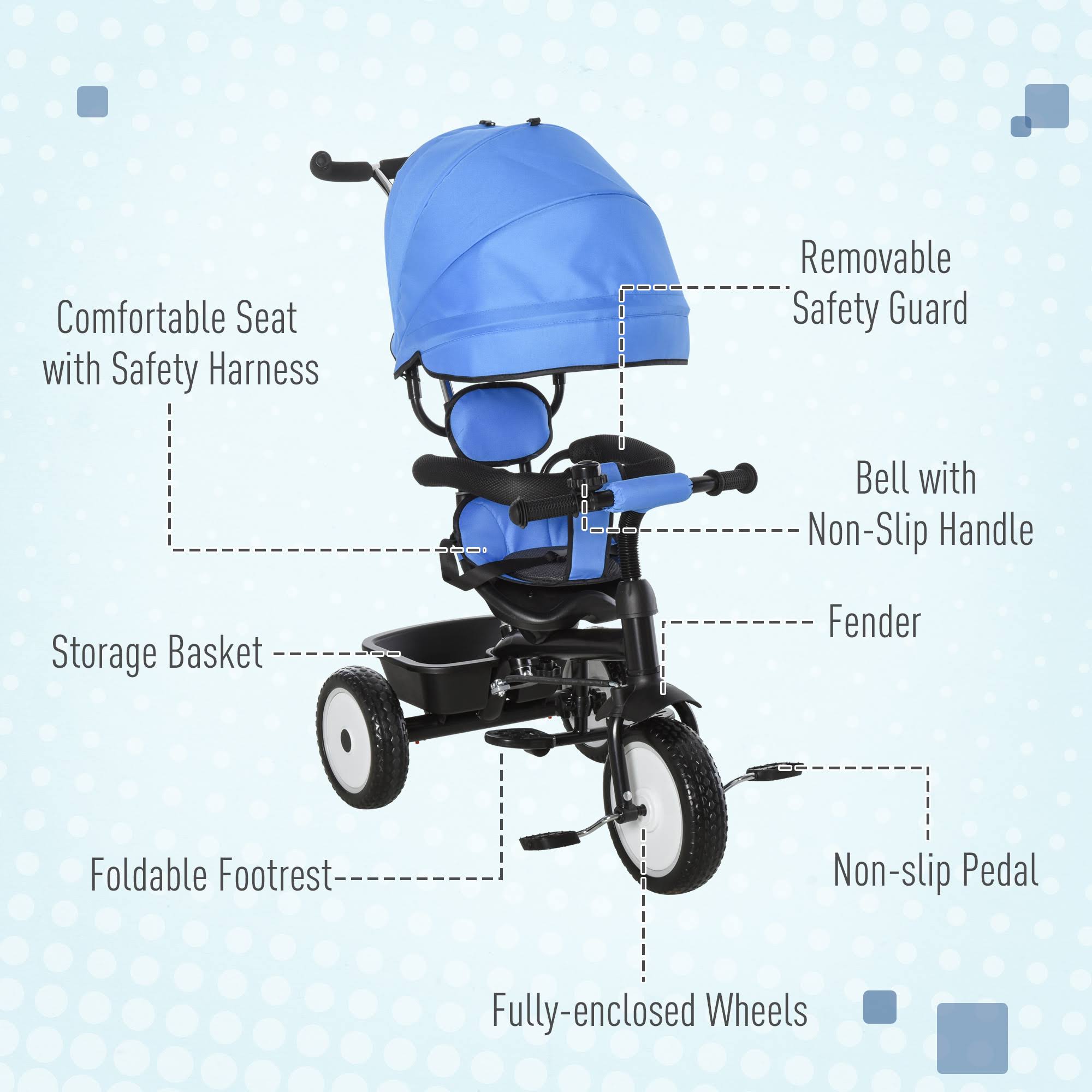 2 in 1 Baby Tricycle Stroller with Adjustable Canopy Detachable Guardrail Safety Belt V70300