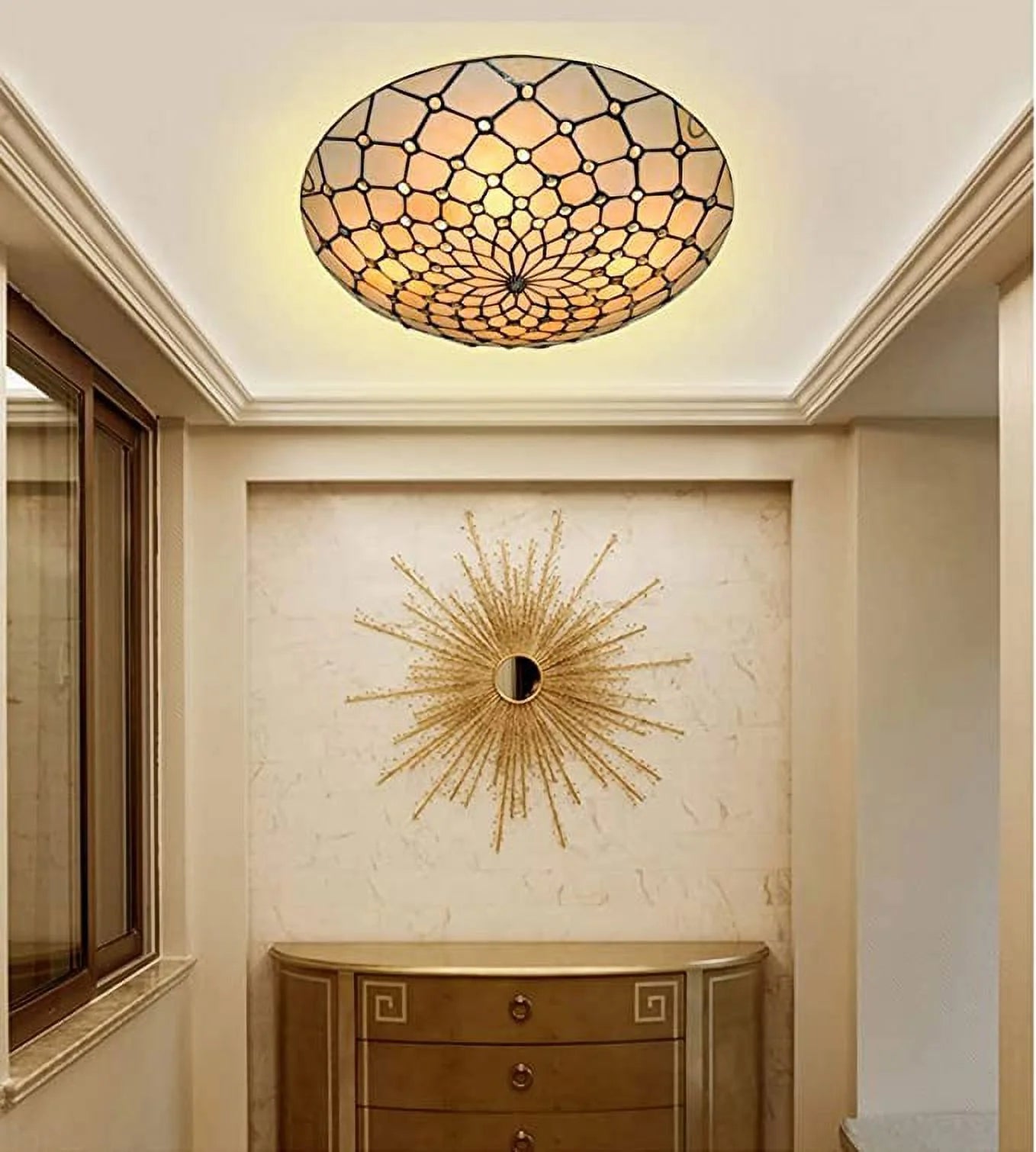 Vintage Tiffany Ceiling Light Fixture, 20” Baroque Flush Mount Ceiling Lamp, Amber Pearl Bead Shade, 4-Light P9941
