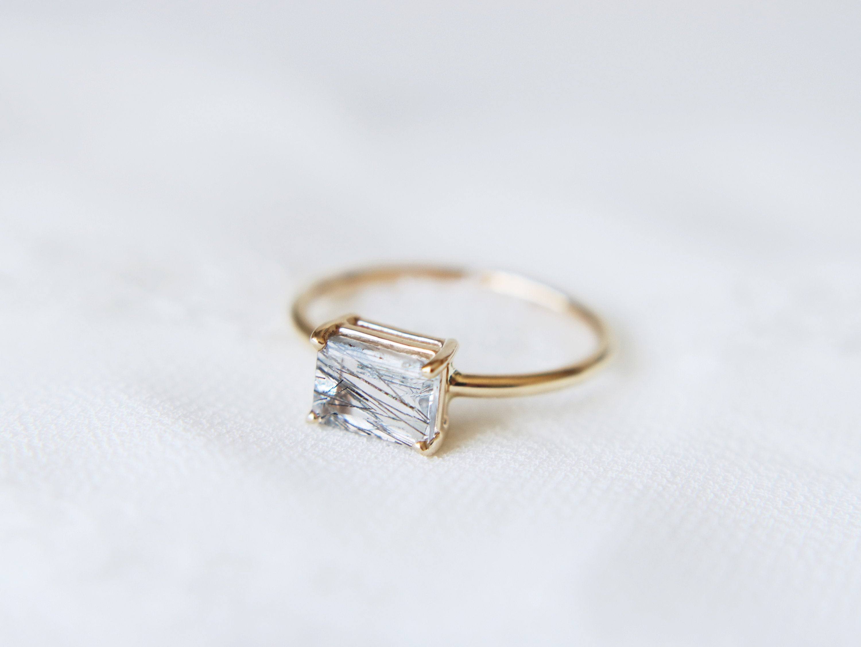 Black Rutilated Quartz Emerald Cut Ring R540771