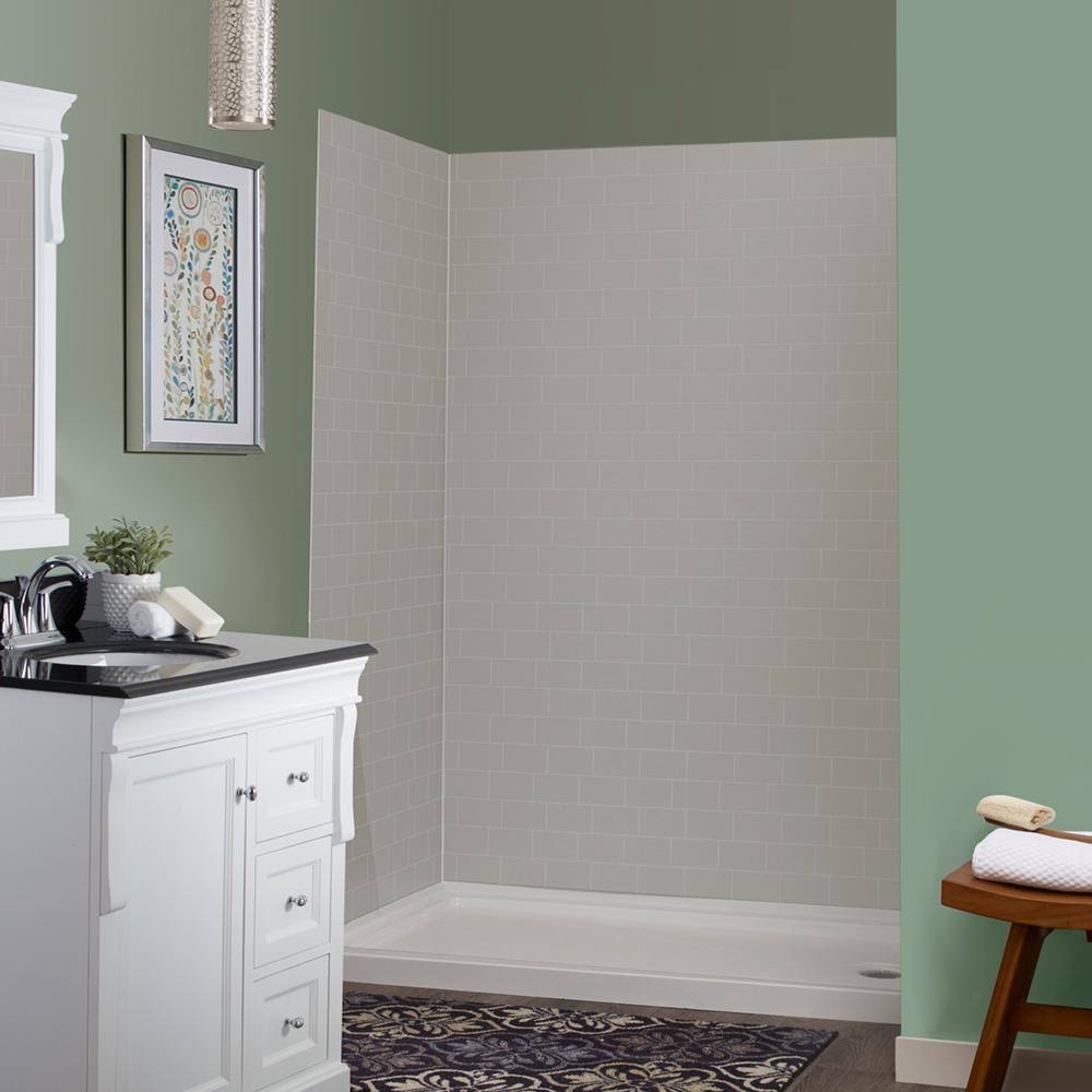 5-Piece Shower Kit in Grey Mosaic with Right Drain Base in White K52765