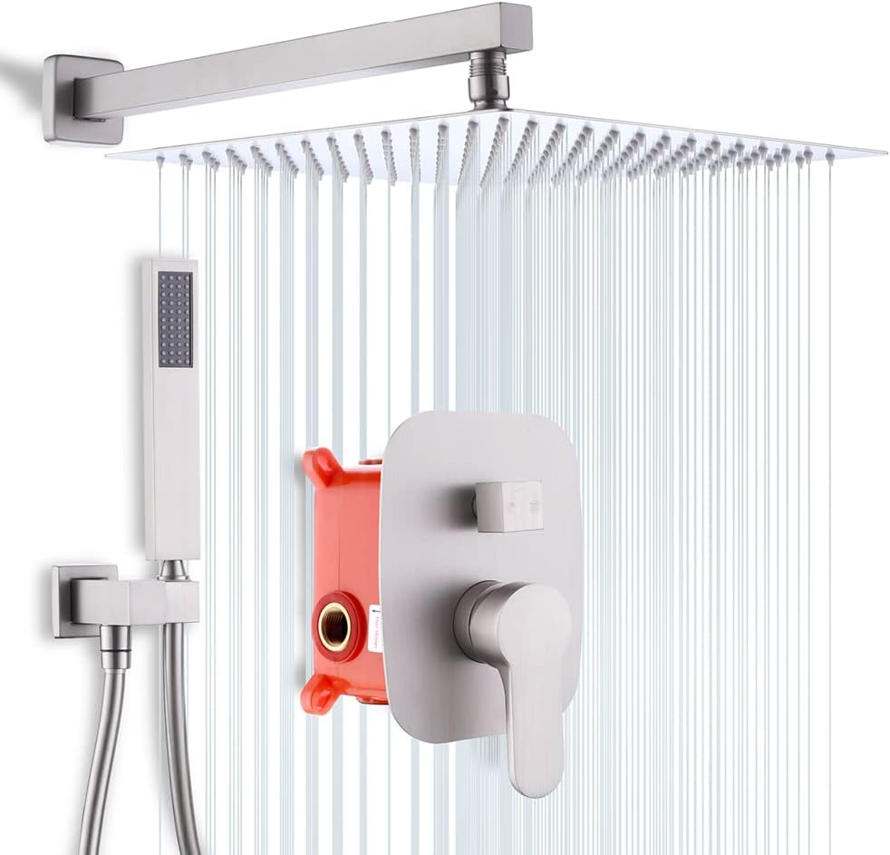 Brushed Nickel Rainfall Shower System with Valve, 12 Inch Square Ceiling Mount Shower Set A68161