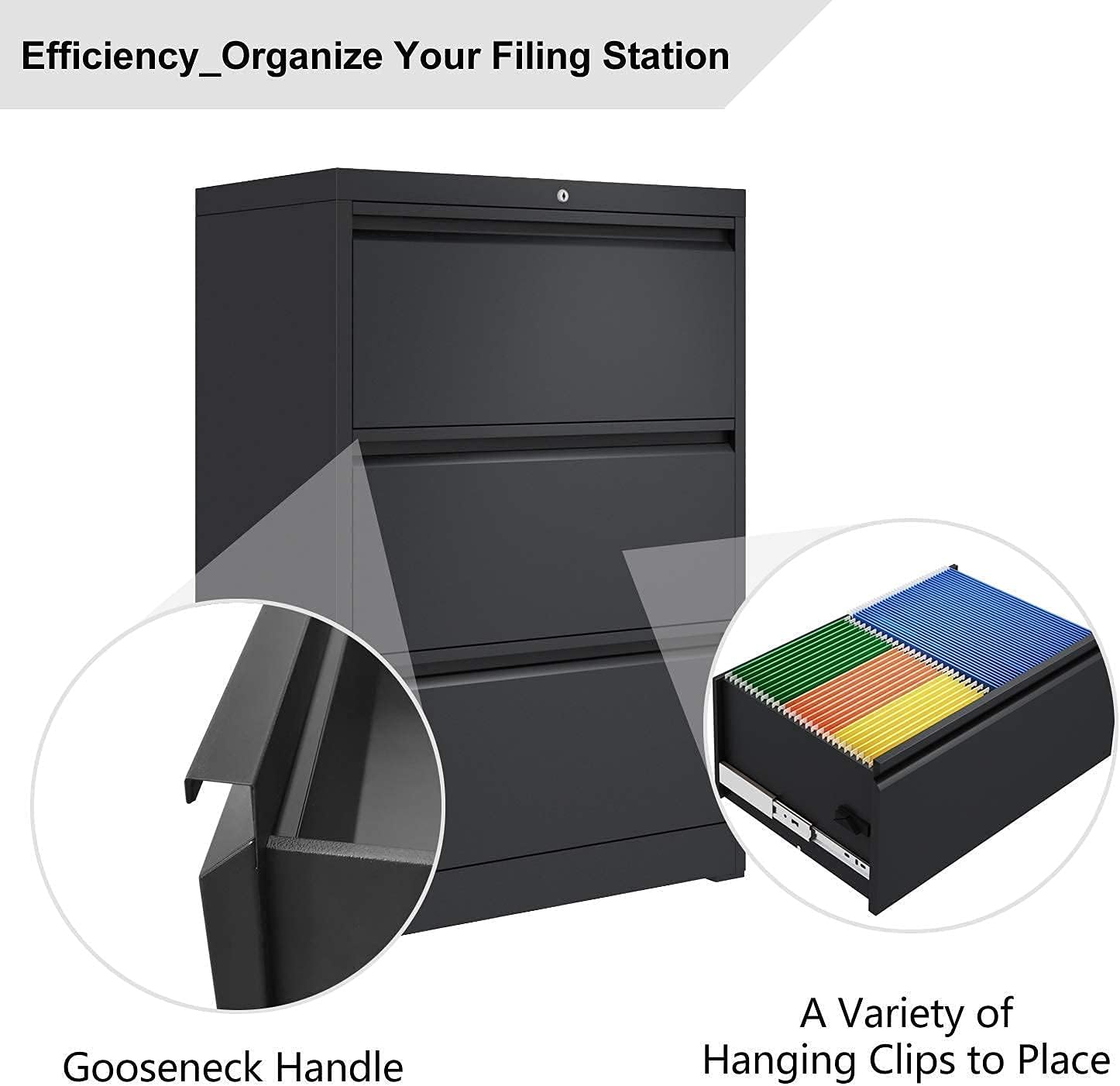 Black 3 Drawer Metal Lateral File Cabinet S744108