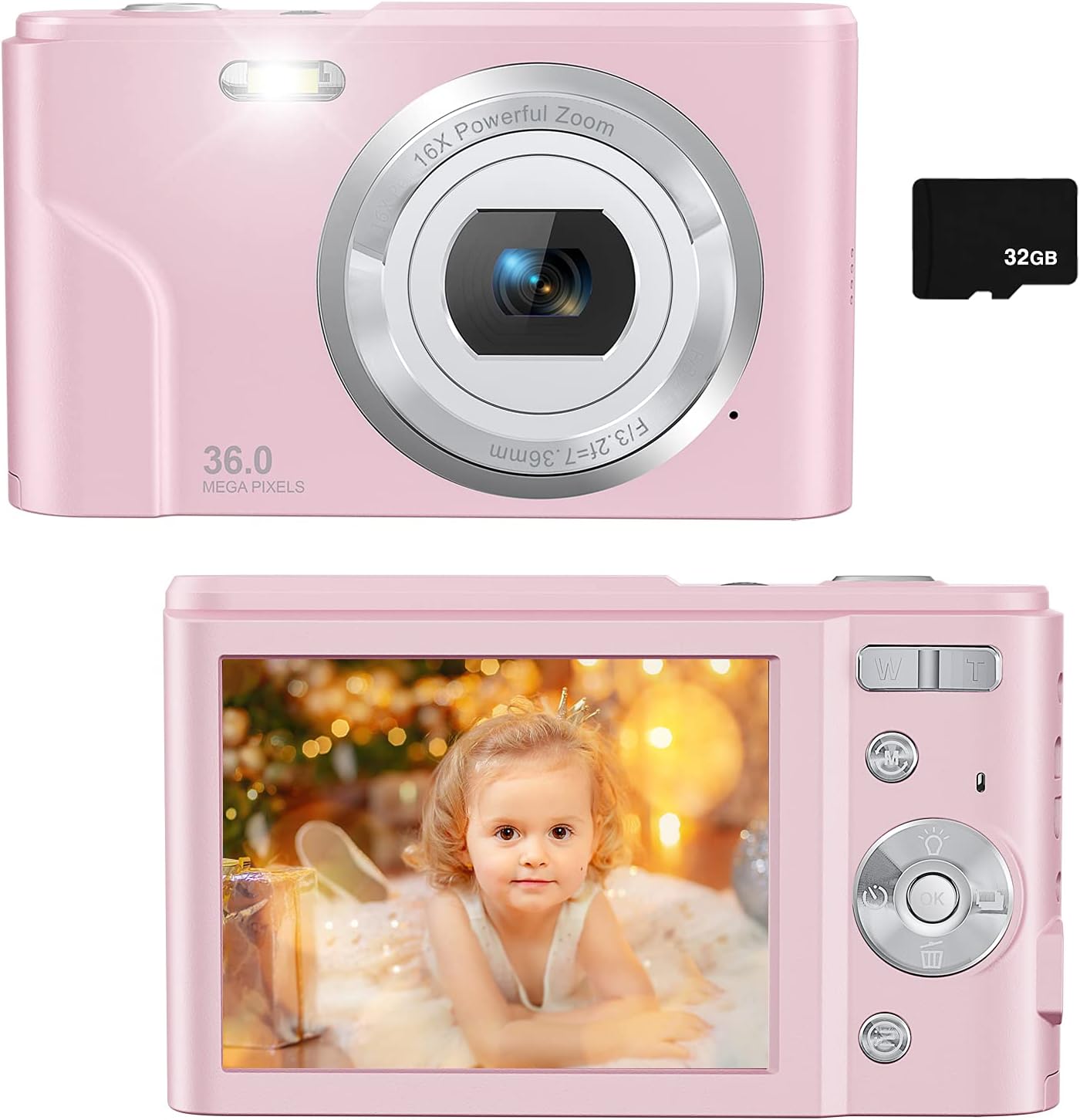 36MP Children's Camera with 32GB SD Card, Full HD 1080P Rechargeable Mini Camera (Light Blue) Y413