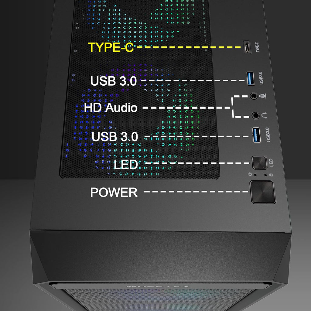ATX PC Case with 6pcs ARGB Fans Type-C Port USB 3.0 Airflow Mid Tower Mesh Front Panel Tempered Glass Side Door Computer Gaming Cases L2094
