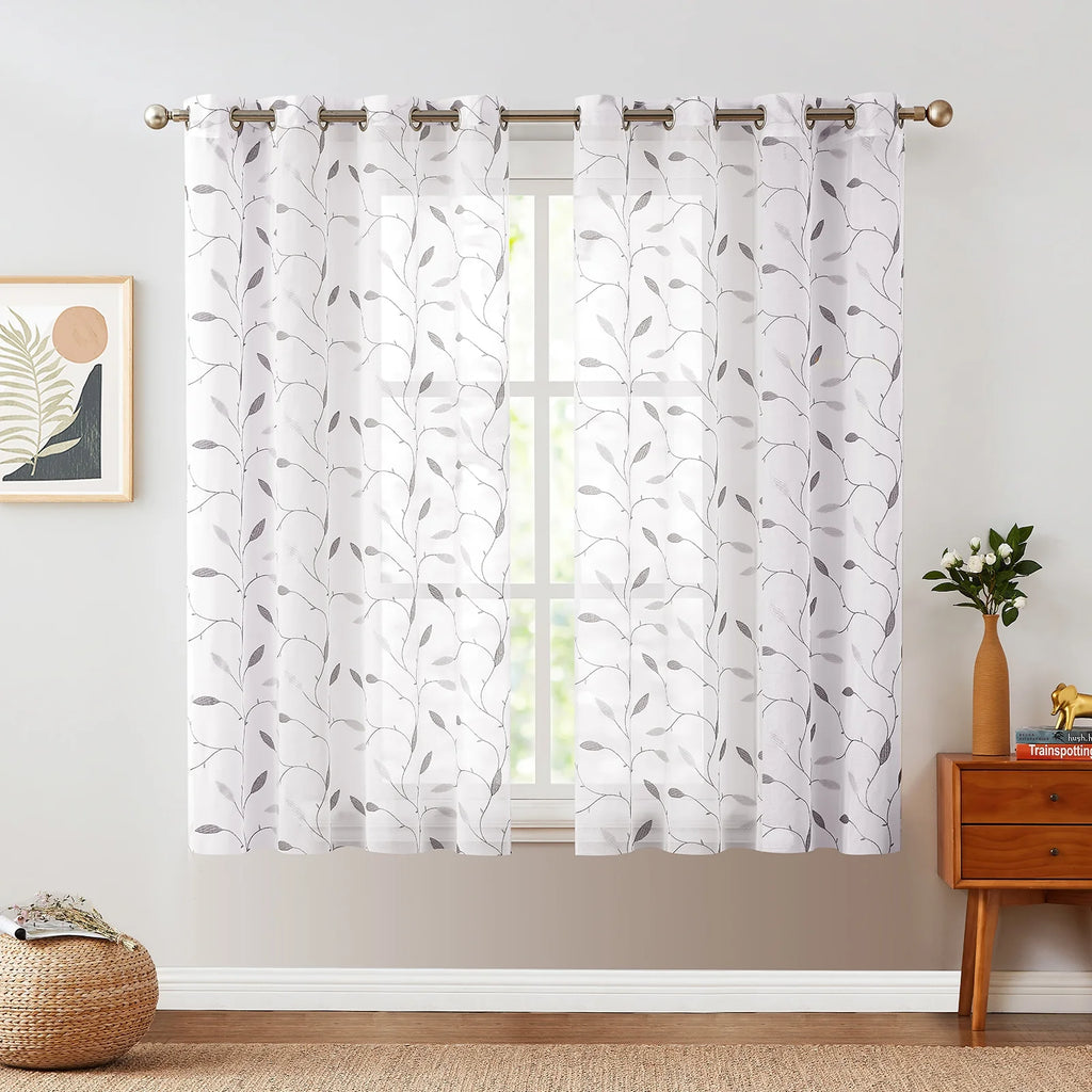 Grey Sheer Embroidered Leaf Curtains 63 inches Grommet Top 2 Panels D7425