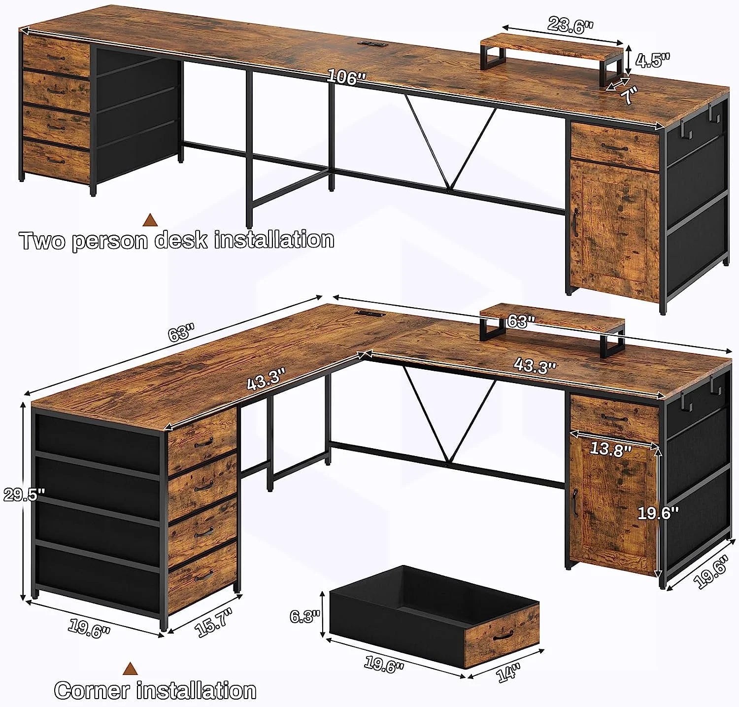 Rustic Brown 63" Reversible L Shaped Desk with Power Outlet, 5 Drawer Z75598