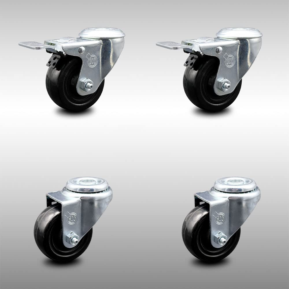 Swivel Bolt Hole Caster with Black Wheel and Top Locking Brake, Pack of 2 D33172