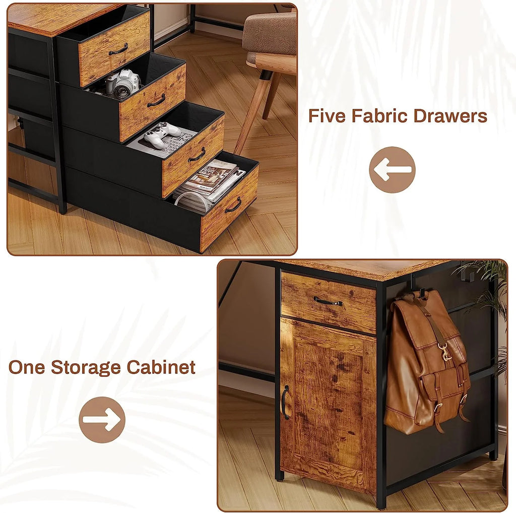 Rustic Brown 63" Reversible L Shaped Desk with Power Outlet, 5 Drawer Z75598