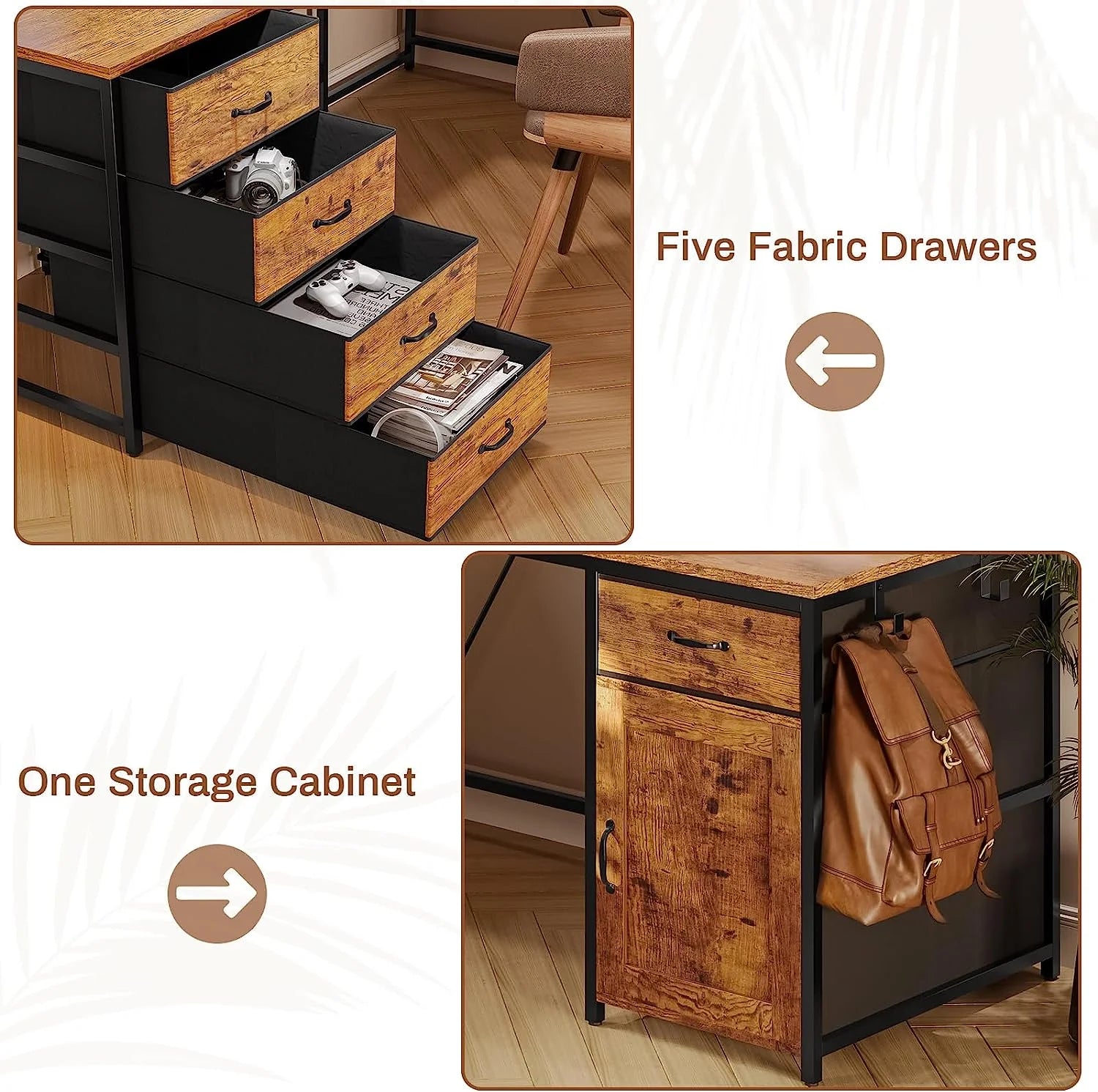 Rustic Brown 63" Reversible L Shaped Desk with Power Outlet, 5 Drawer Z75598