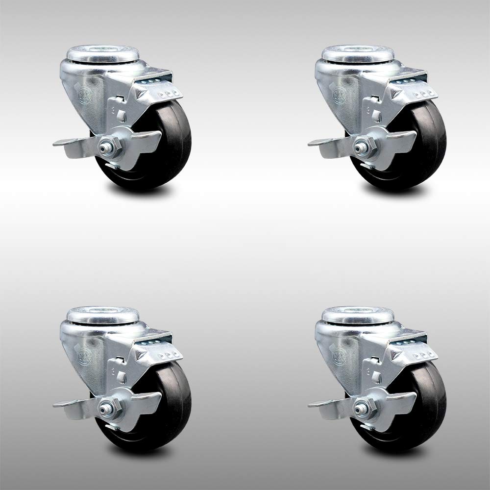 Swivel Bolt Hole Caster with Black Wheel and Top Locking Brake, Pack of 2 D33172
