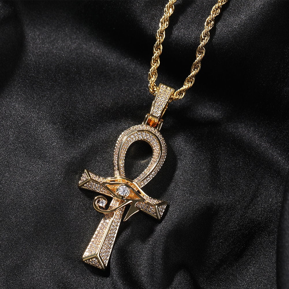 14K Gold Over Finish Simulated Diamond Eye Of Horus Ankh Cross Charm Pendant Necklace D854304