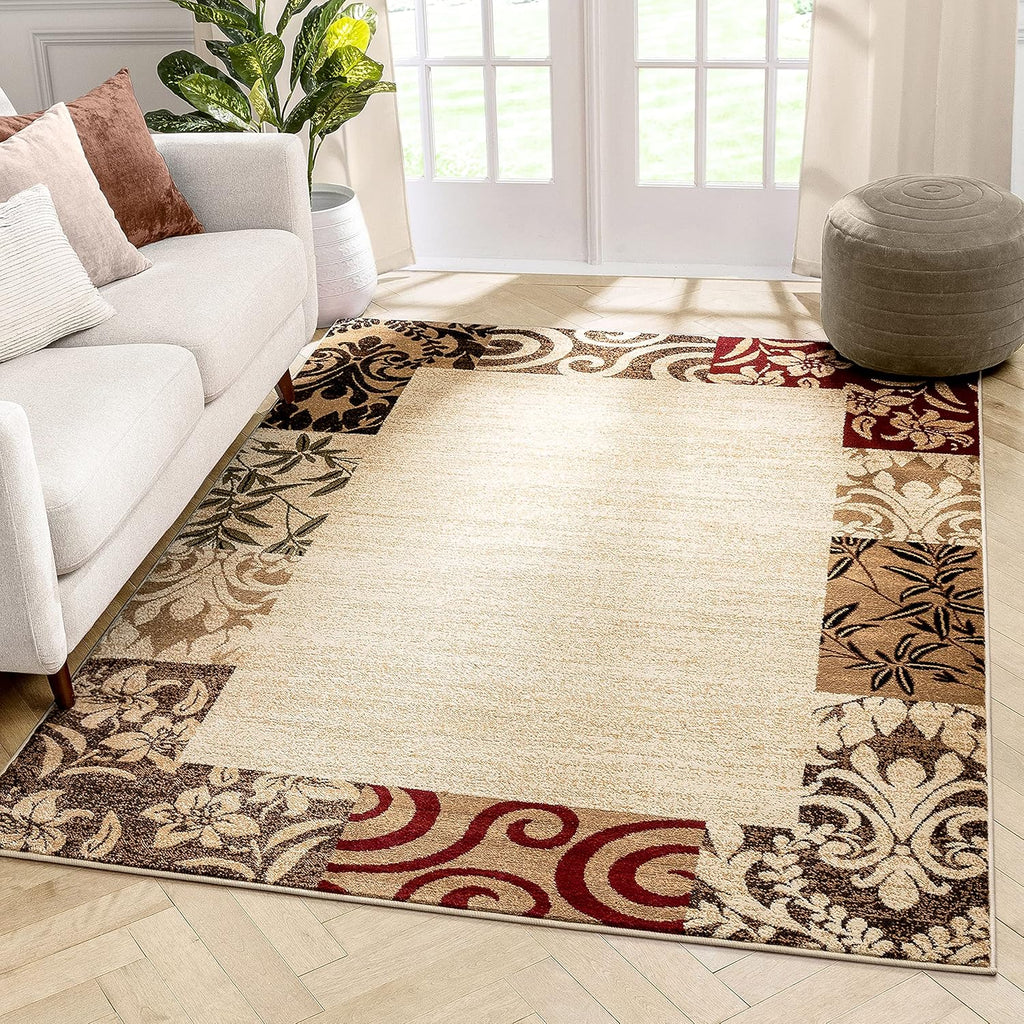 Beige Damask Border Rug 7x10 (6'7 x 9'6) R35940