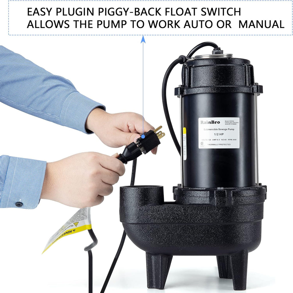 Cast iron submersible sewage pump with 10 ft. piggy back tether float switch N914884