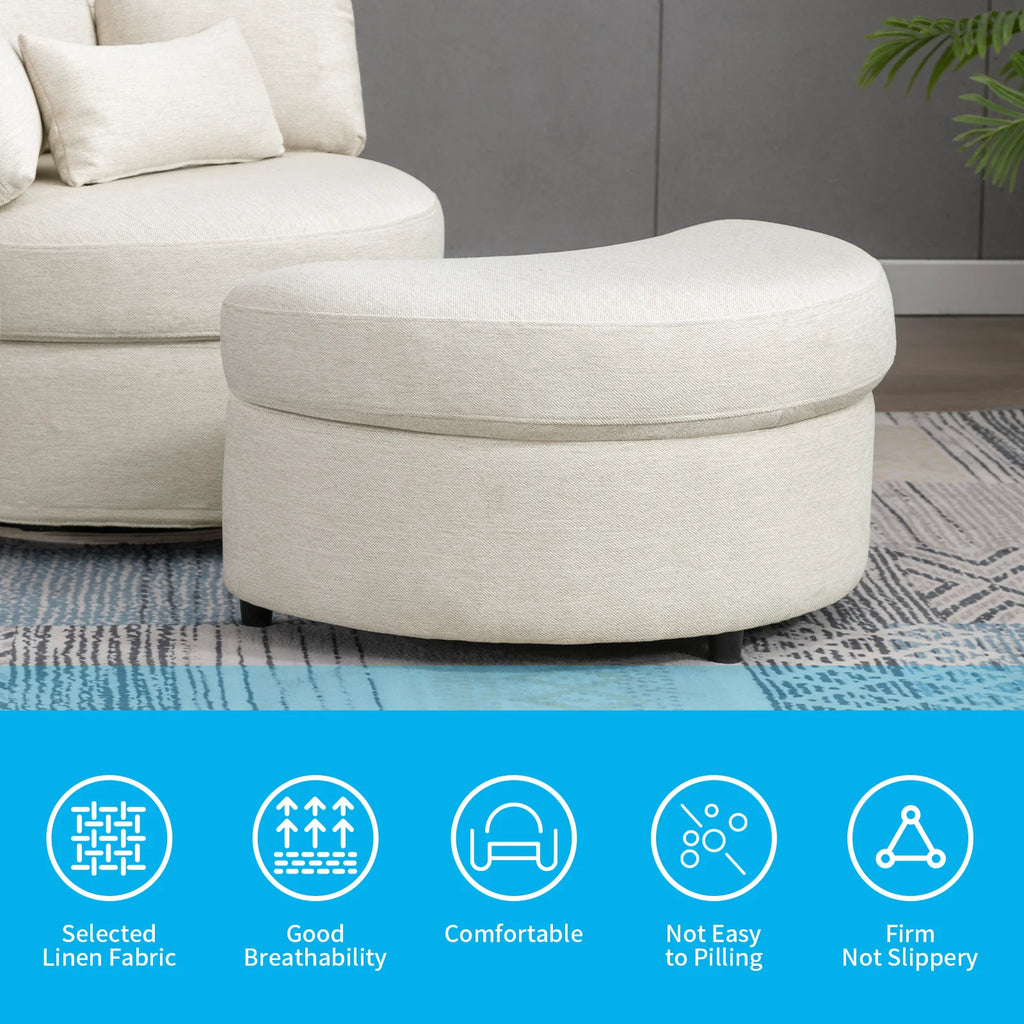 Beige Linen Fabric Swivel Accent Barrel Sofa Chair with Half Moon Storage Ottoman and 3 Pillows B601975
