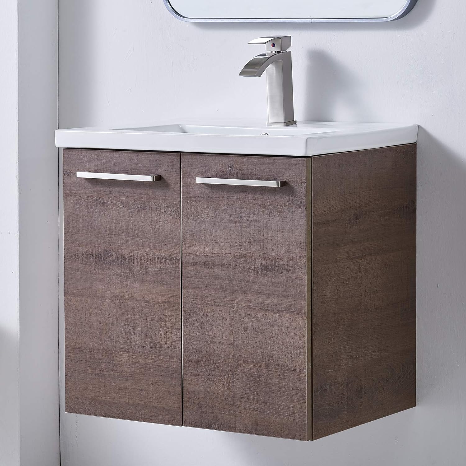 Grey Wood Grain 2-Door Bathroom Vanity with White Ceramic Sink I824559