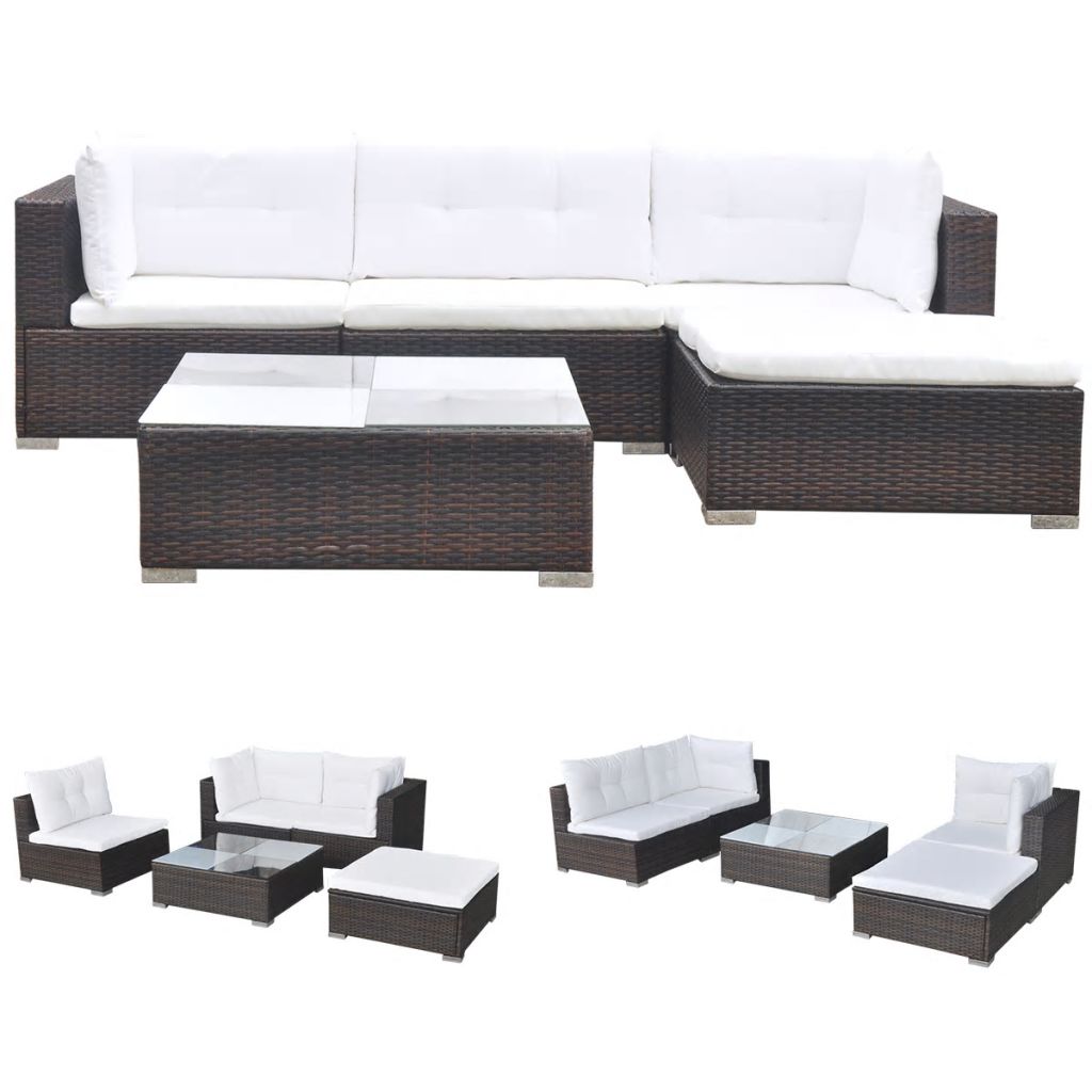 5 Piece Outdoor Sectional Sofa with Coffee Table and Ottoman Poly Rattan T721