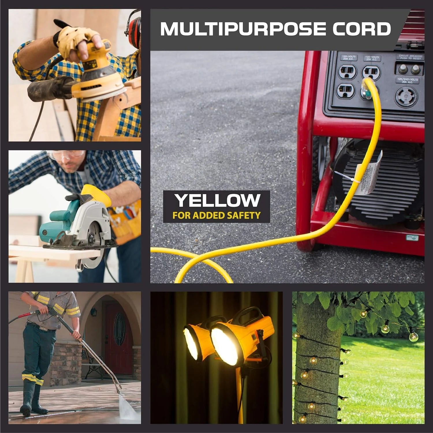 6 Foot Lighted Outdoor Extension Cord, 12/3 SJTW Heavy Duty Yellow Extension Cable with 3 Prong Grounded Plug K87393