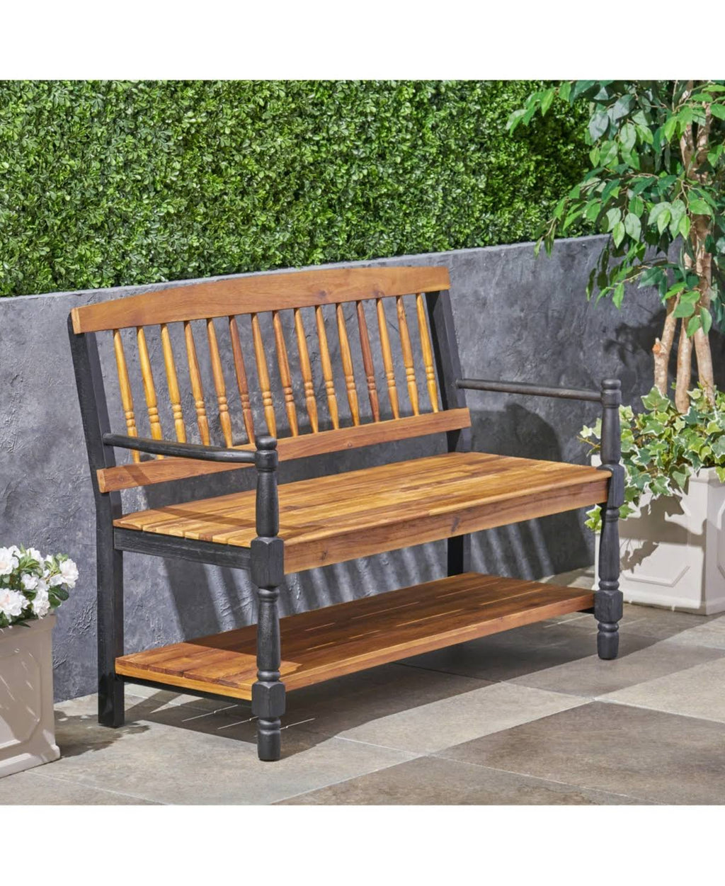Rustic Acacia Wood Bench with Shelf O807