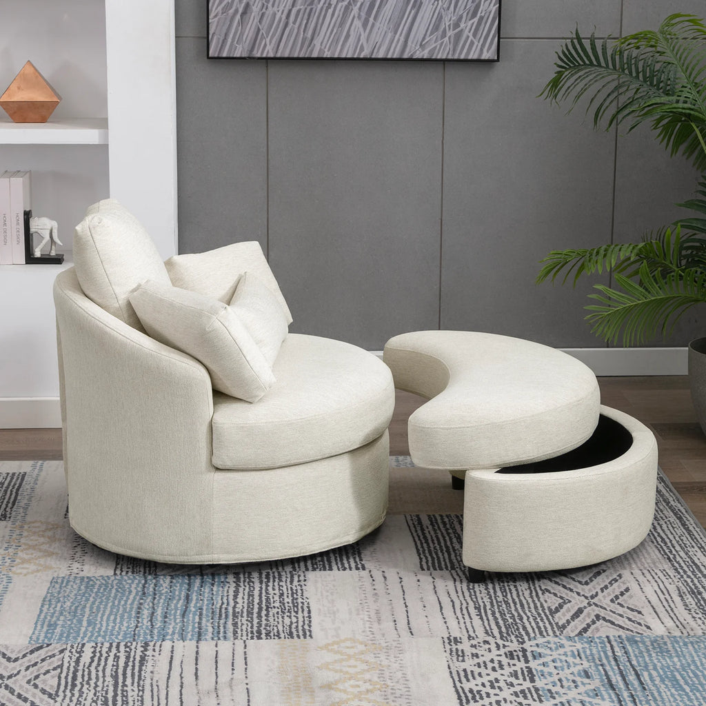 Beige Linen Fabric Swivel Accent Barrel Sofa Chair with Half Moon Storage Ottoman and 3 Pillows B601975
