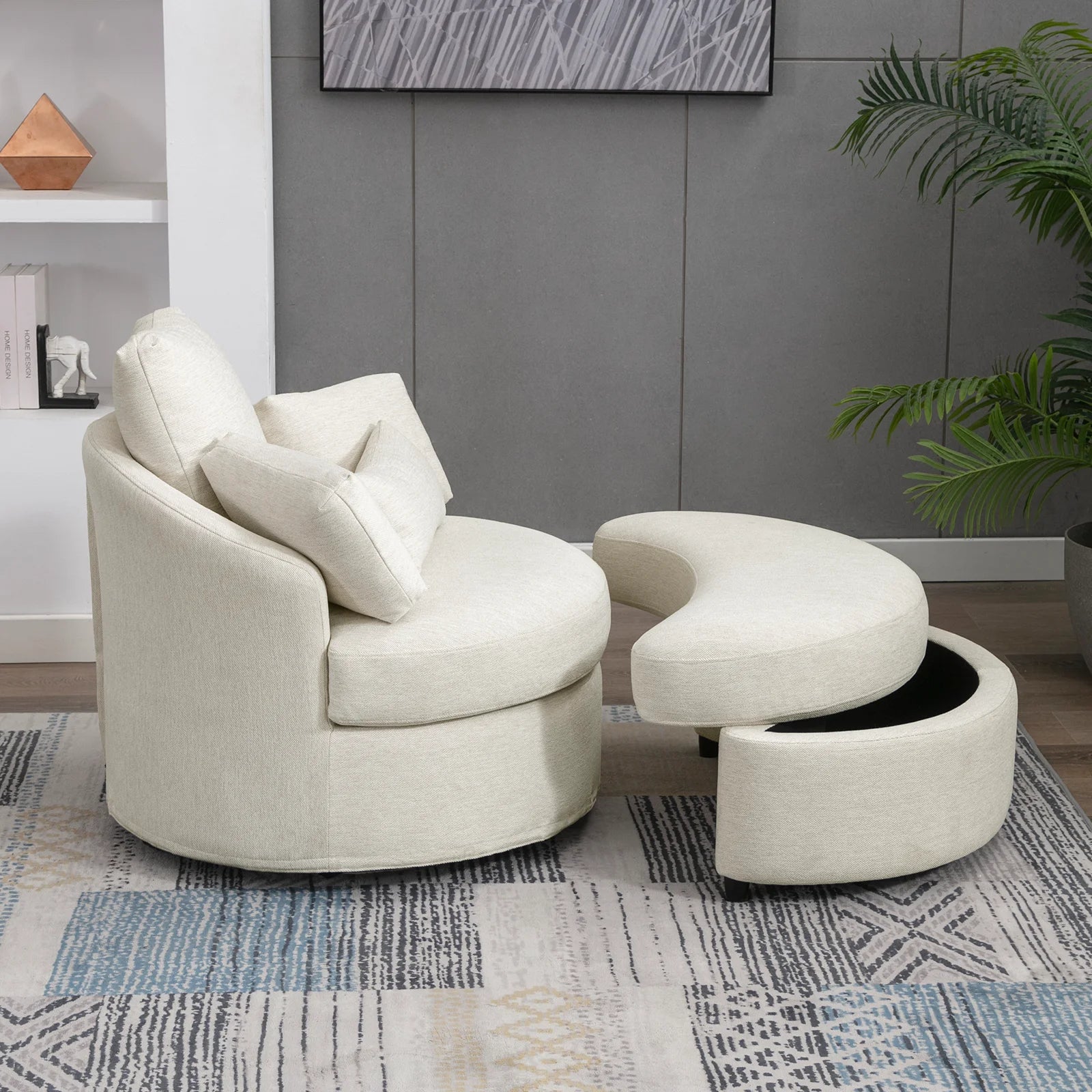 Beige Linen Fabric Swivel Accent Barrel Sofa Chair with Half Moon Storage Ottoman and 3 Pillows B601975