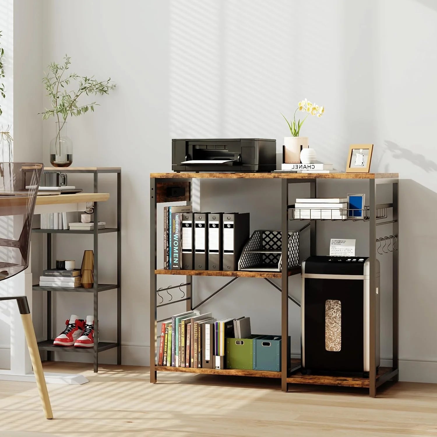 Rustic Brown Bakers Rack with Power Outlet, 5 Shelves Microwave Stand, Pull-Out Basket, 6 Hooks Q5263