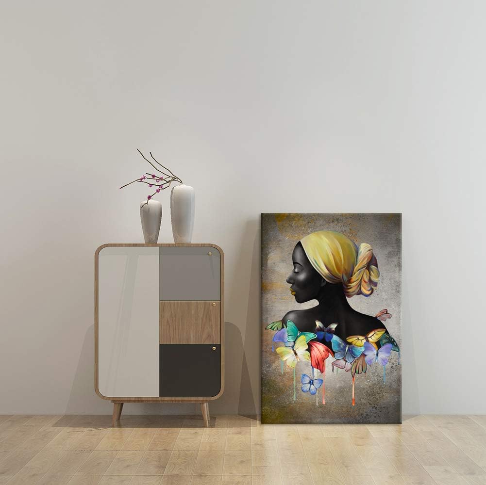 Large African American Wall Art Abstract Beauty Black Woman with Yellow Headband Butterfly Portrait Painting on Canvas 24x36inch G811828