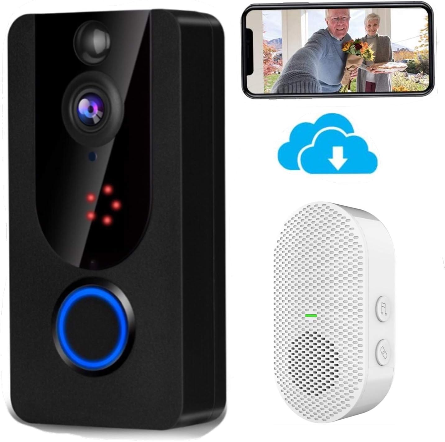 Wireless Doorbell Camera 1080P with Chime, PIR Motion Detection, IP65 Waterproof, 2-Way Audio, Night Vision, Pack of 2 T284