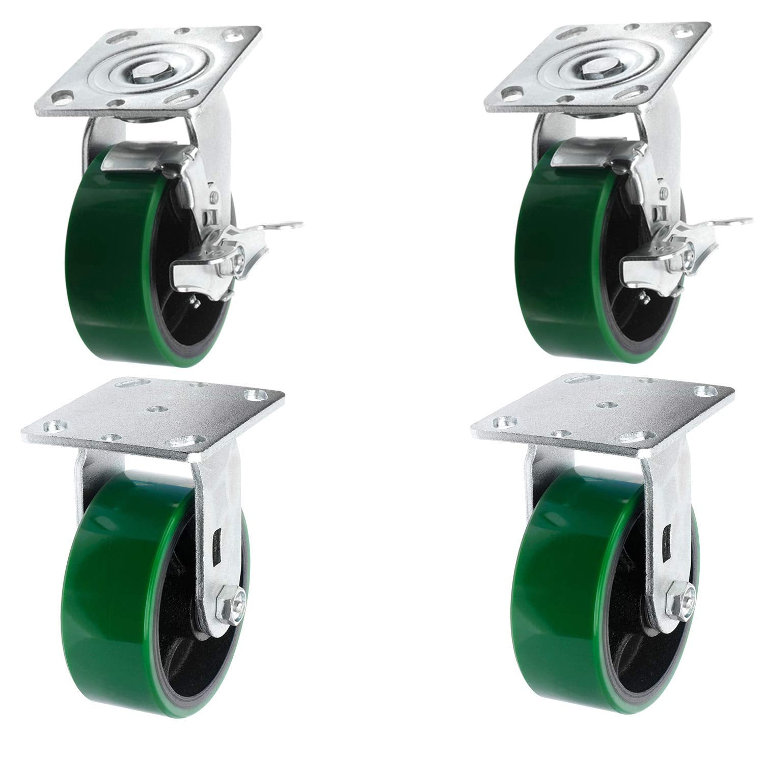 4 Quantity Heavy Duty Swivel w/Brake Rigid Polyurethane Mold on Steel Wheel Caster Q50151