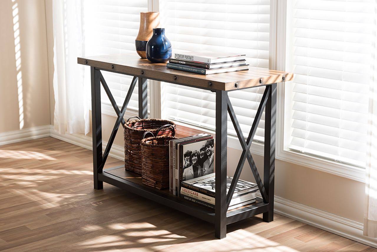 Antique Black Textured Metal Distressed Wood Console Table I556