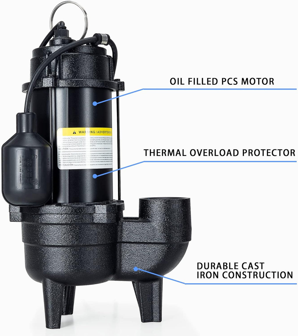 Cast iron submersible sewage pump with 10 ft. piggy back tether float switch N914884