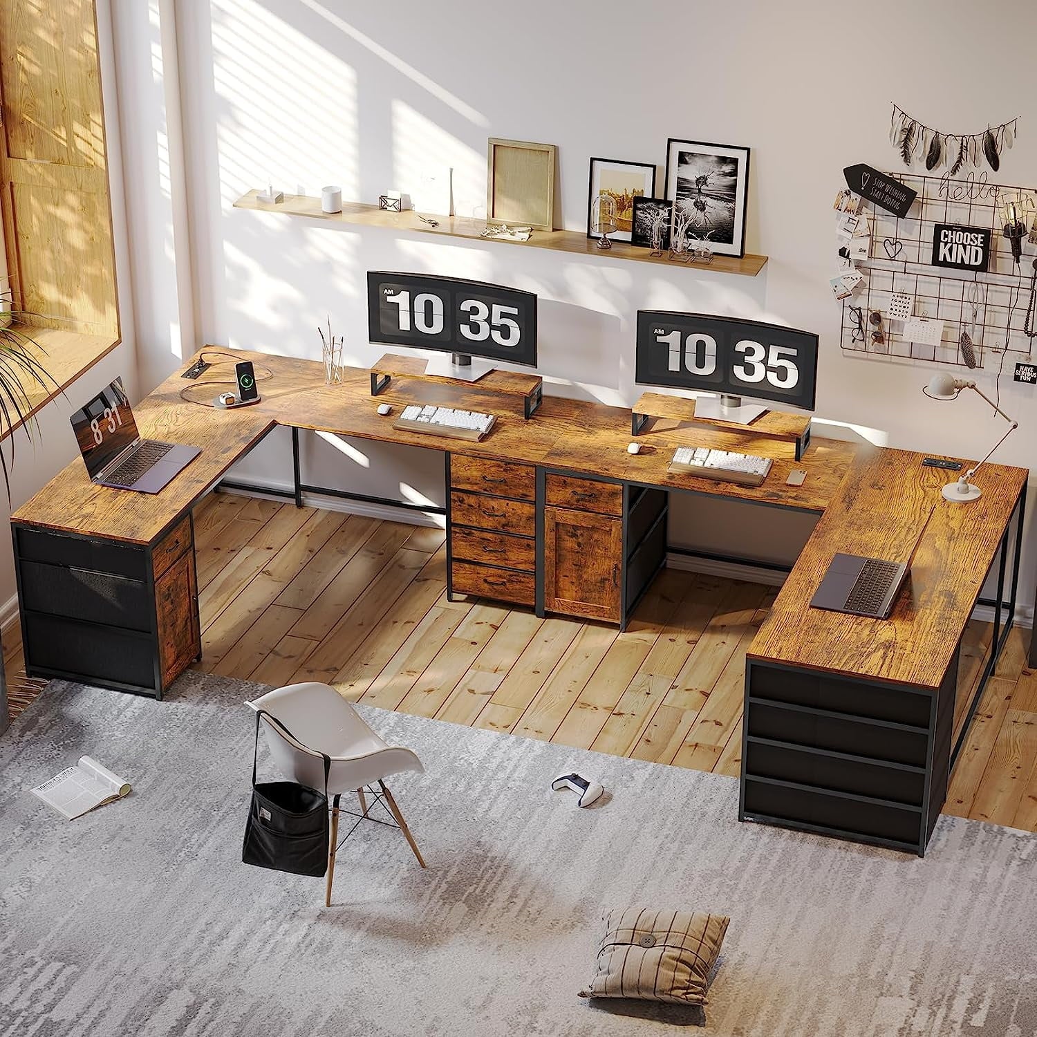 Rustic Brown 63" Reversible L Shaped Desk with Power Outlet, 5 Drawer Z75598