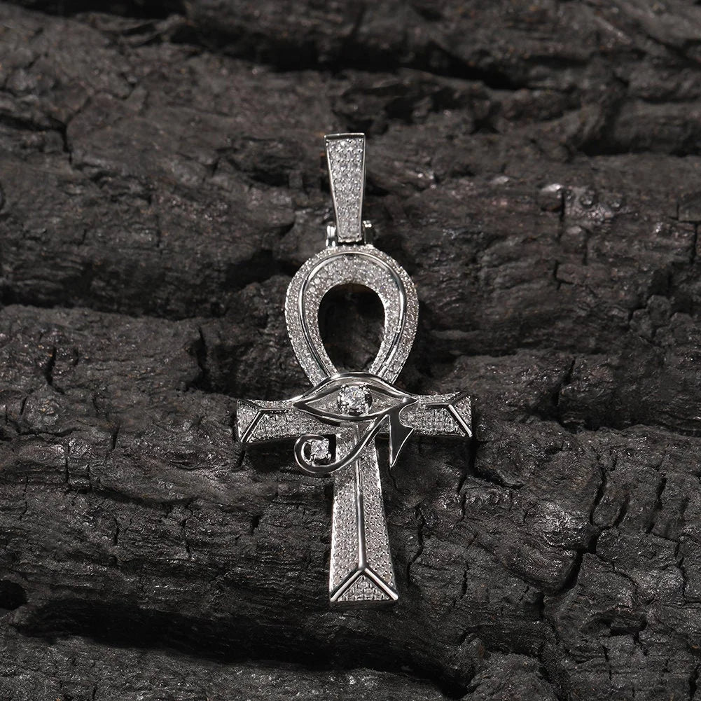 14K Gold Over Finish Simulated Diamond Eye Of Horus Ankh Cross Charm Pendant Necklace D854304