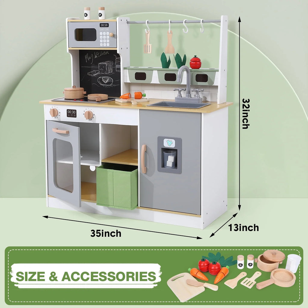 Kids Play Wooden Kitchen Toy Set with Cookware Accessories Microwave Fridge S5823