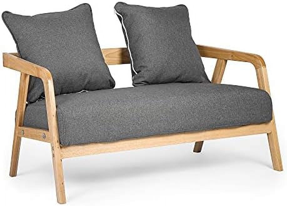 Grey Fabric 2-Seat Loveseat Sofa with Wood Armrest B80060