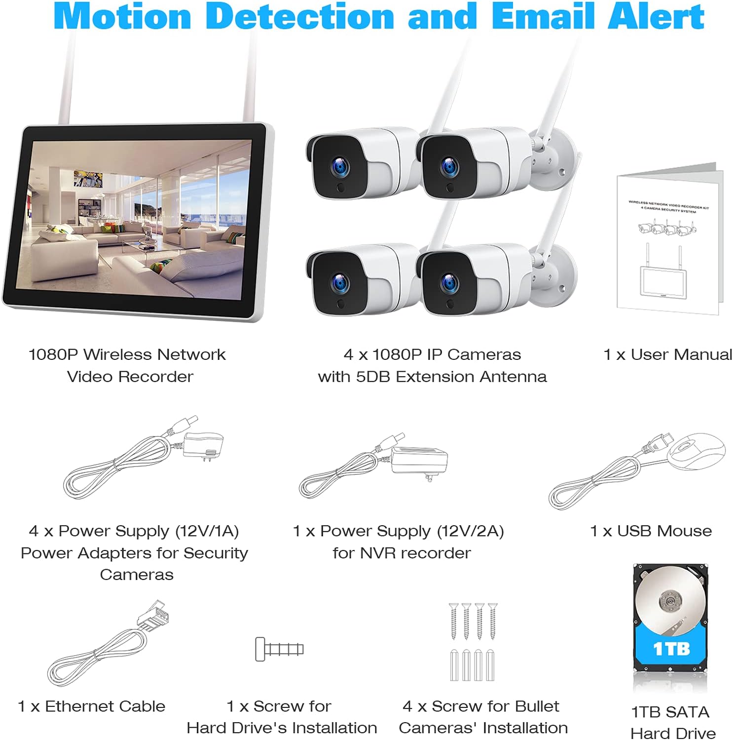 1080P Wireless Security Camera System with 1TB Hard Drive & 12 Monitor, 8CH NVR, 4pcs 2.0MP Outdoor IP Cameras Q86297