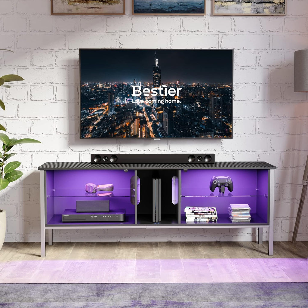 Black Carbon Fiber TV Stand with Glass Shelves F683231