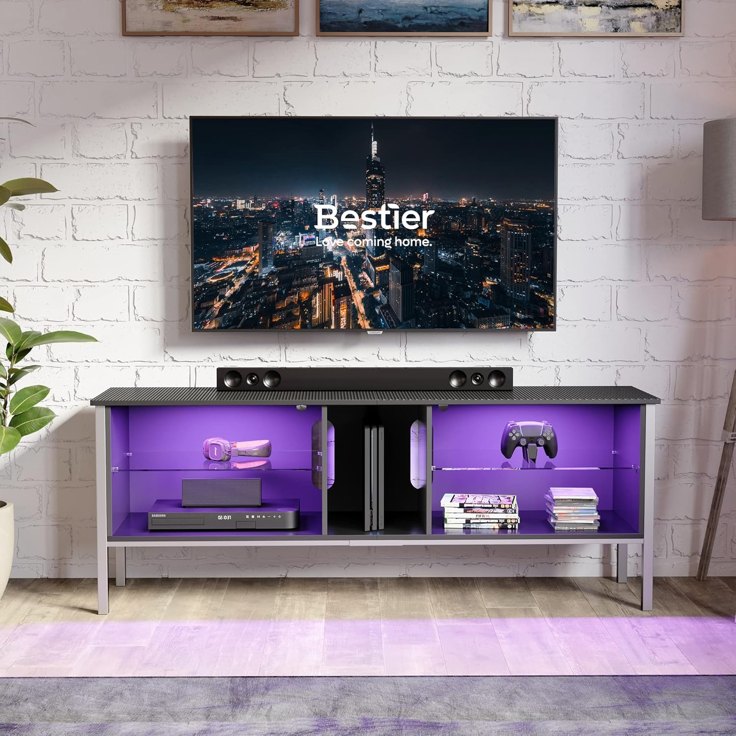 Black Carbon Fiber TV Stand with Glass Shelves F683231