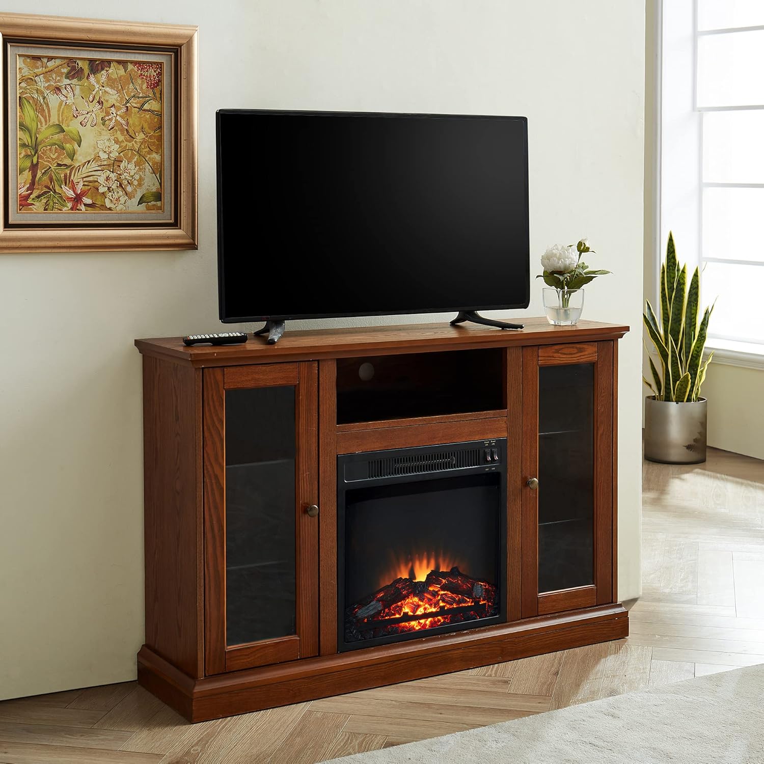 Espresso Electric Fireplace TV Stand with Storage Cabinet and Tempered Glass Shelves D498683