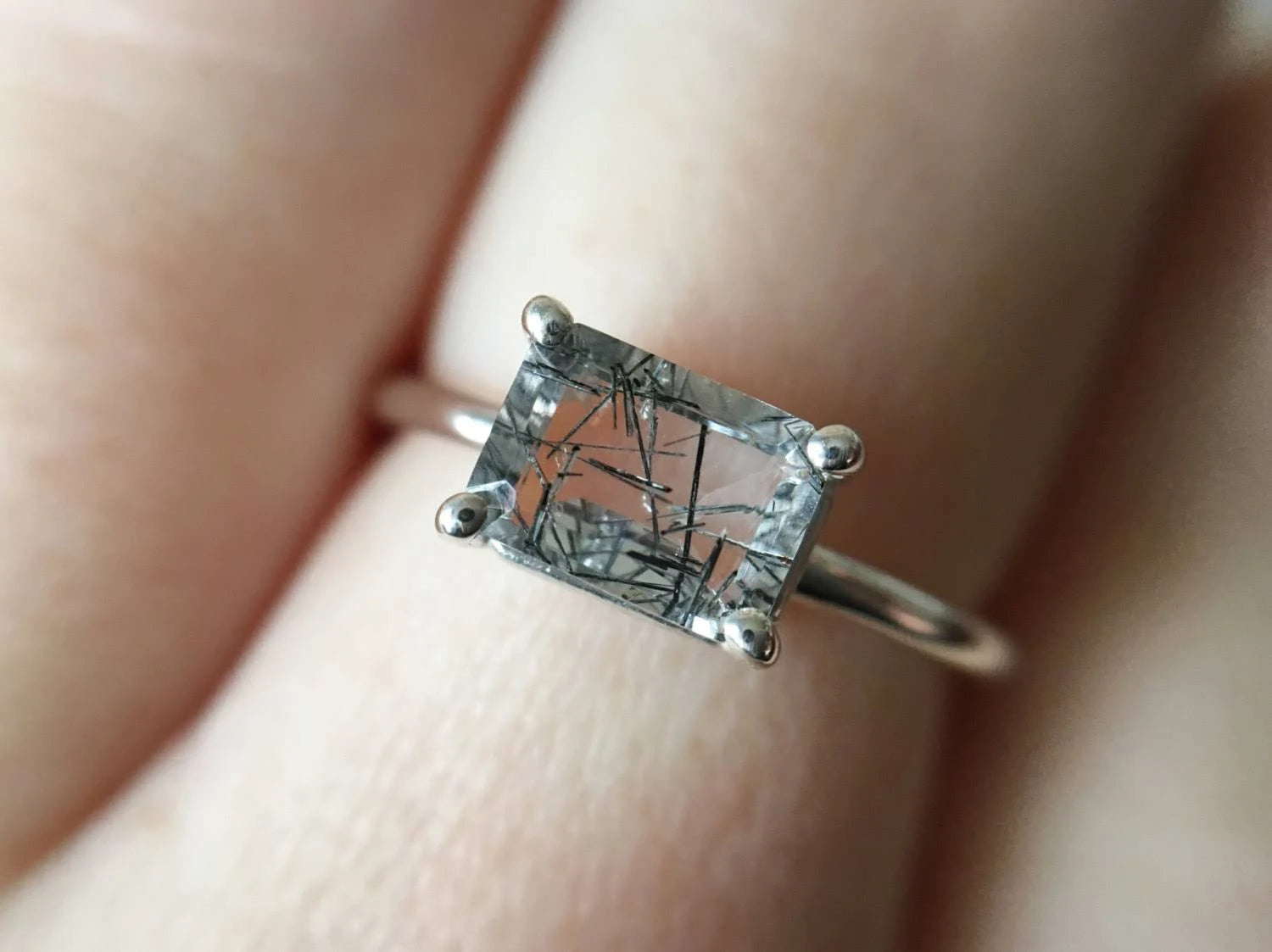 Black Rutilated Quartz Emerald Cut Ring R540771