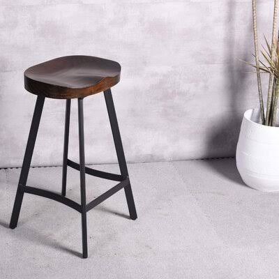 Industrial Rustic Bar Stool Saddle Seat Counter Height Metal and Wood Top Dining Stools Backless D3852