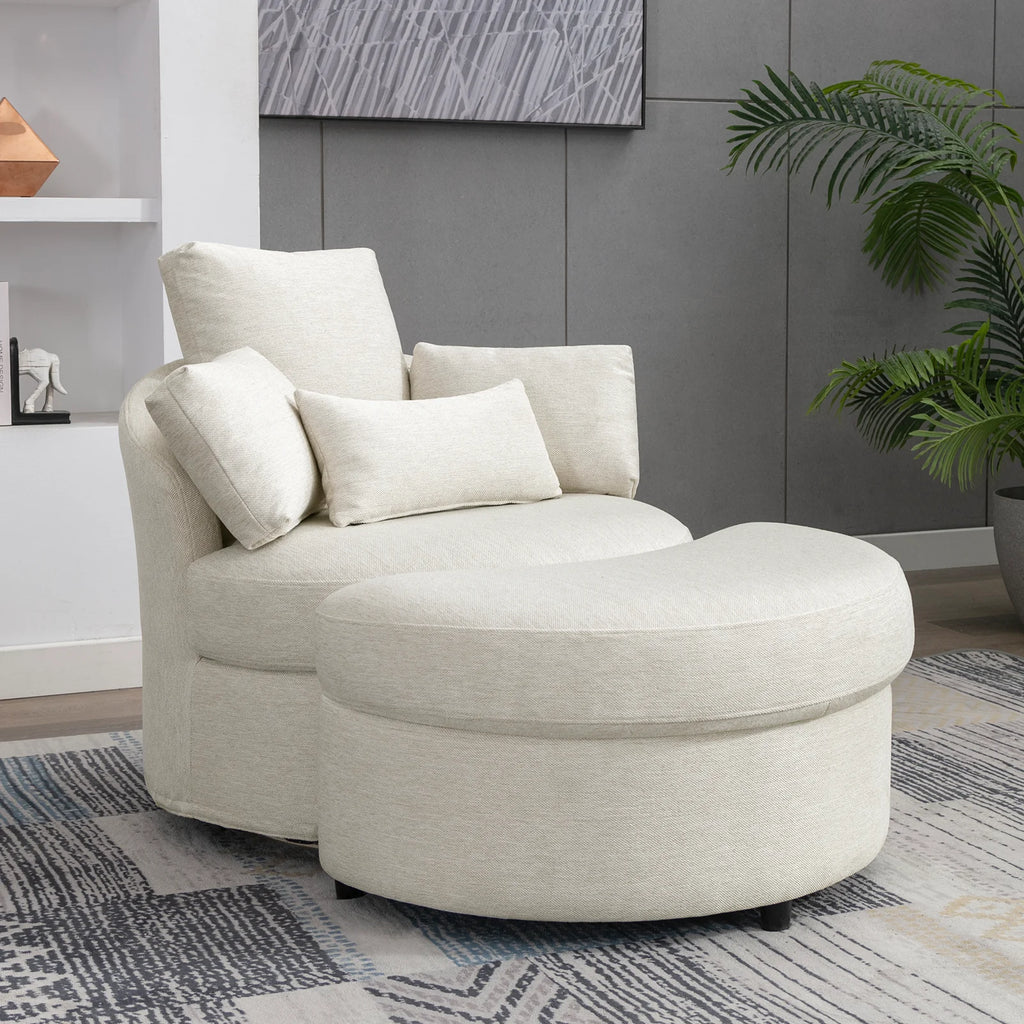 Beige Linen Fabric Swivel Accent Barrel Sofa Chair with Half Moon Storage Ottoman and 3 Pillows B601975