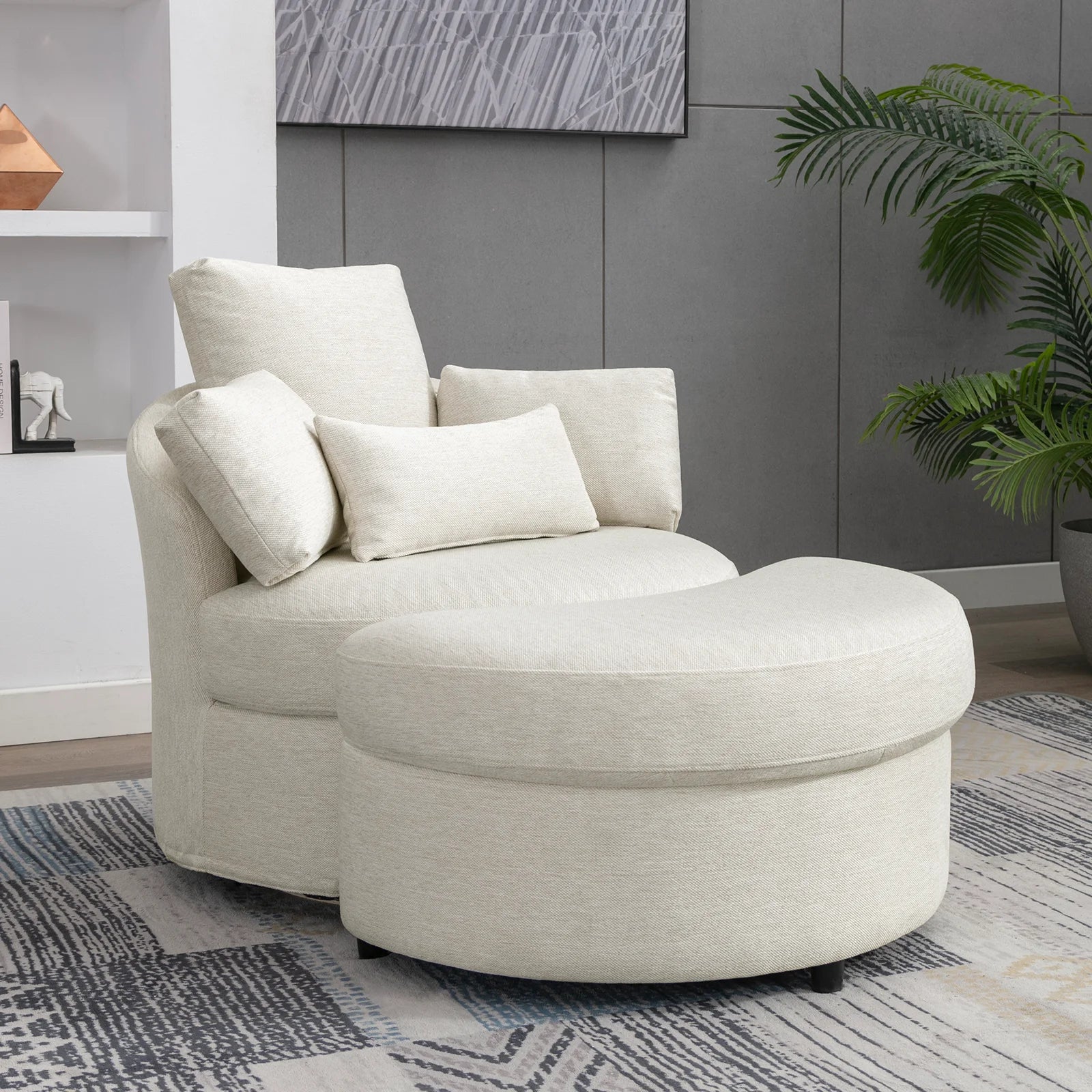 Beige Linen Fabric Swivel Accent Barrel Sofa Chair with Half Moon Storage Ottoman and 3 Pillows B601975