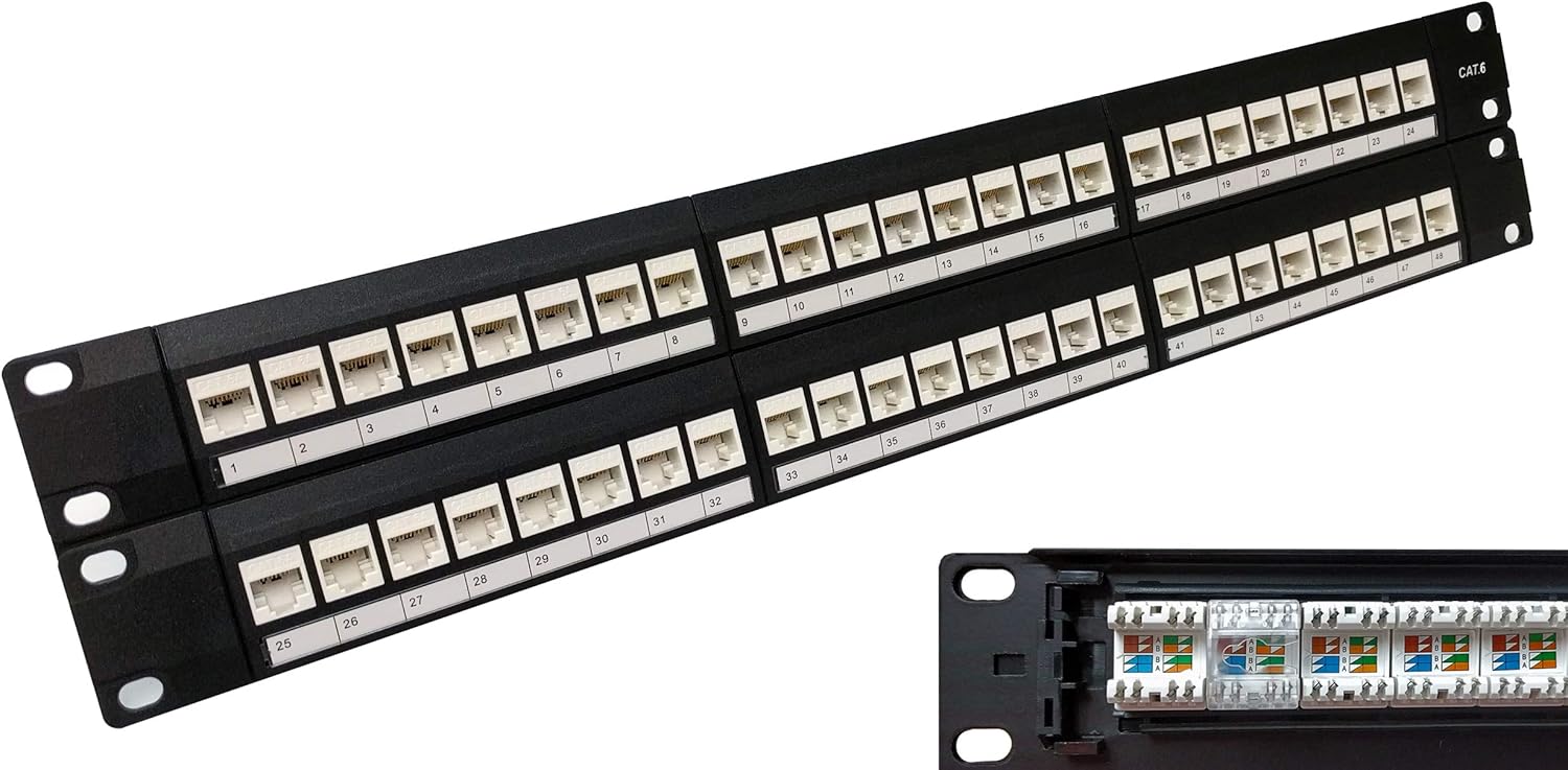 48-Port CAT6A Shielded 2U Patch Panel with Tool-Less Keystone Jacks I5461