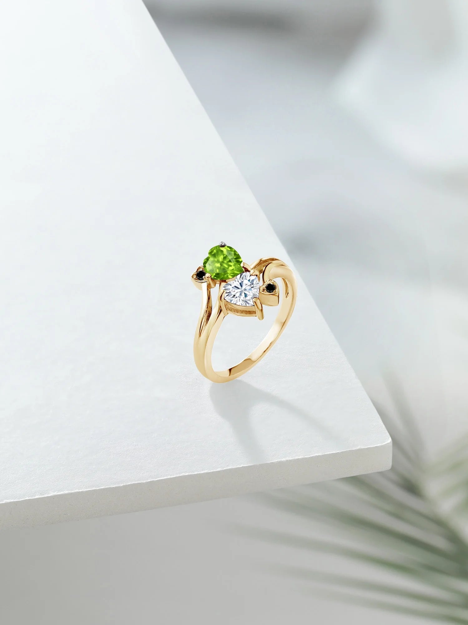 18K Yellow Gold Plated Silver Green Peridot White Moissanite and Black Diamond Ring (1.60 Cttw, Heart Shape 6MM) U7610